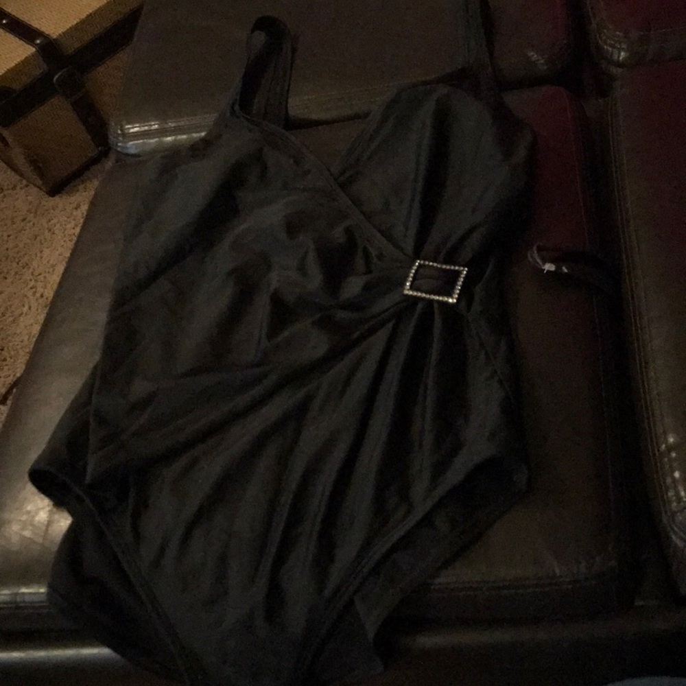 Black one piece swimsuit with diamond belt